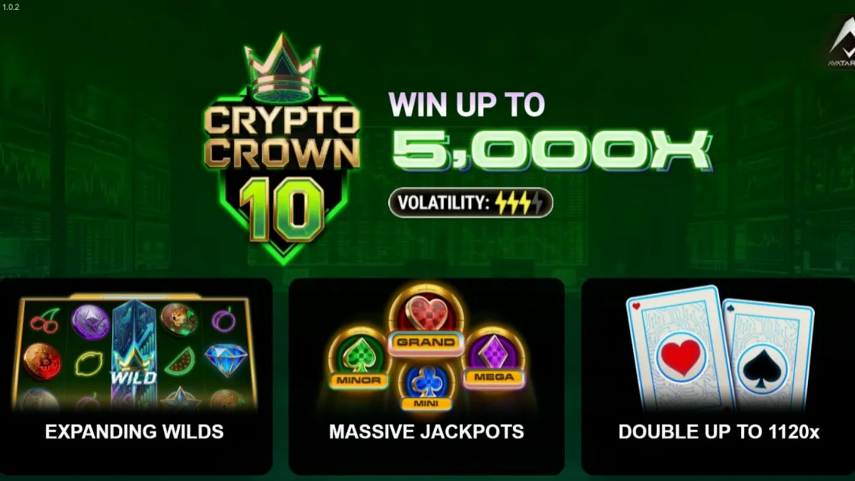 Tampilan layar permainan slot Crypto Crown 10 dengan simbol neon dan elemen blockchain