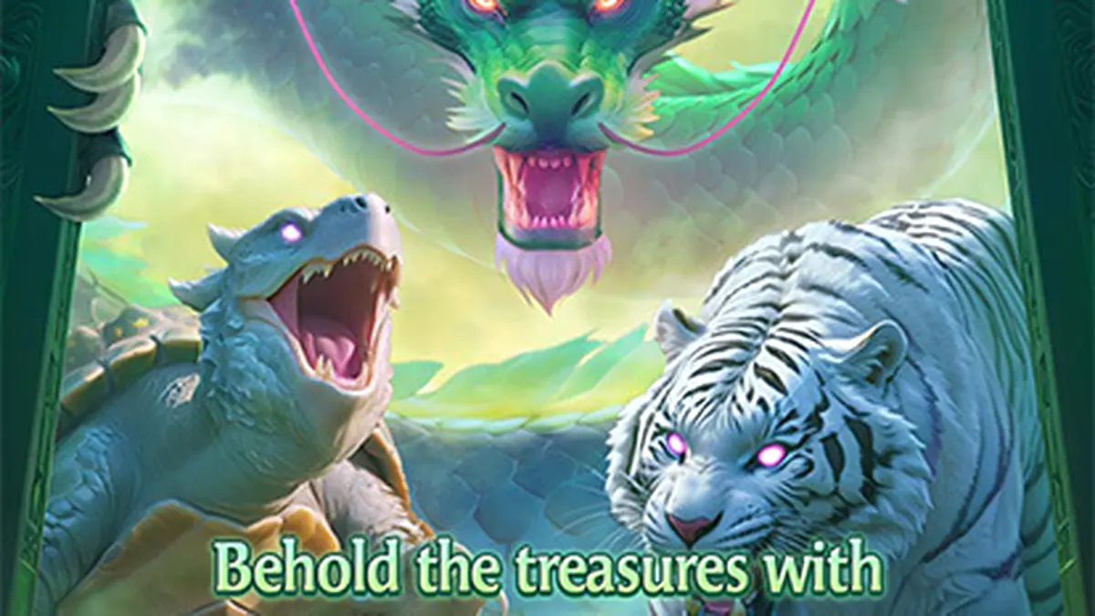 Tampilan visual slot Mythical Guardians dengan tema empat wali surgawi Tiongkok